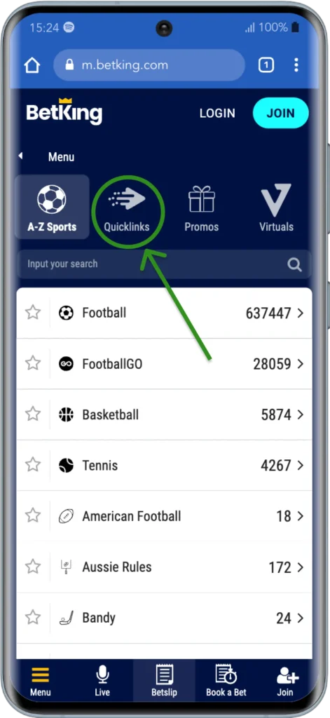 Betking coupon check step 2: quicklinks
