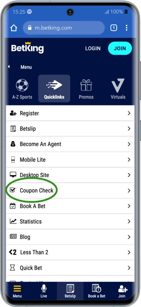 Betking coupon check step 3: Coupon check