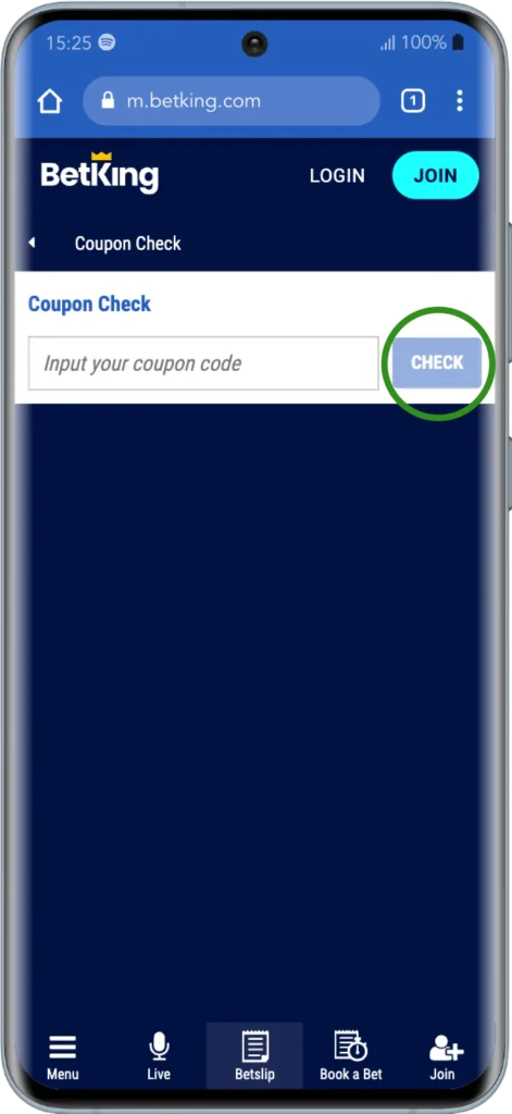 Betking coupon check step 4: check